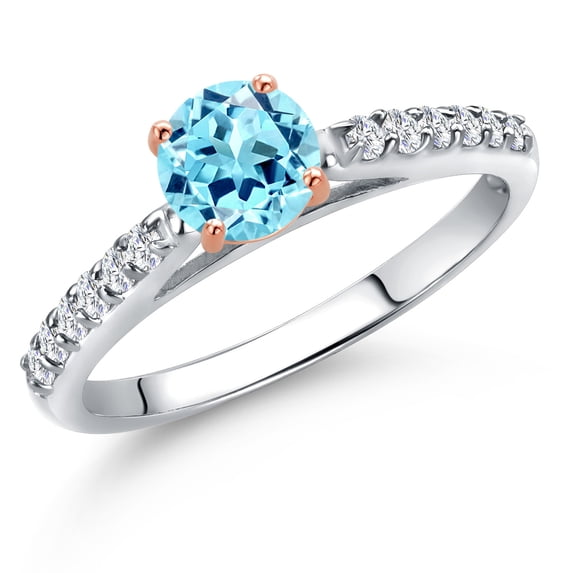 Gem Stone King 10K Two Tone Gold Blue Apatite and Lab Grown Diamond Engagement Ring for Women | 0.68 Cttw | Round 5MM | Gemstone Birthstone | Size 5