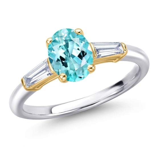 Gem Stone King 10K Two Tone Gold Blue Apatite and Lab Grown Diamond Engagement Ring for Women | 1.50 Cttw | Oval 8X6MM | Gemstone Birthstone | Size 9