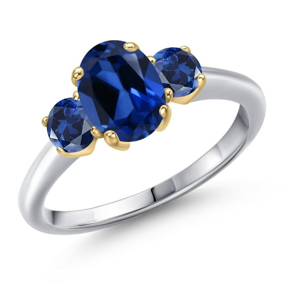 Gem Stone King 10K Two Tone Gold Blue Created Sapphire Engagement Ring for Women | 2.10 Cttw | Oval 8X6MM | Gemstone September Birthstone | Size 7