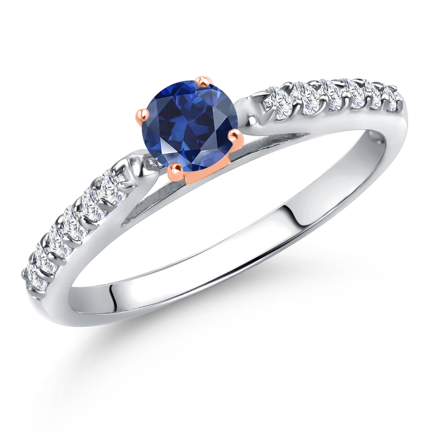 Gem Stone King 10K Two Tone Gold Blue Created Sapphire and Lab Grown Diamond Engagement Ring for Women | 0.43 Cttw | Round 4MM | Gemstone September Birthstone | Size 7