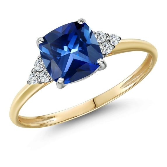 Gem Stone King 10K Two Tone Gold Blue Created Sapphire and White Lab Grown Diamond Engagement Ring for Women | 2.09 Cttw | Cushion 7MM | Gemstone September Birthstone | Size 9