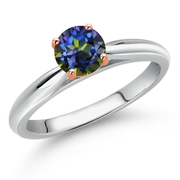 Gem Stone King 10K Two Tone Gold Blue Mystic Topaz Solitaire Engagement Ring for Women | 0.50 Cttw | Round 5MM | Gemstone November Birthstone | Size 9