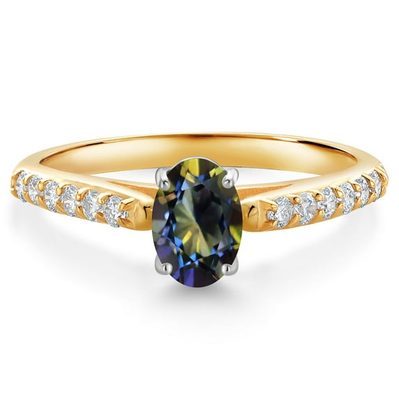 Gem Stone King 10K Two Tone Gold Blue Mystic Topaz and White Lab Grown Diamond Engagement Ring for Women (1.13 Cttw, Gemstone November Birthstone, Oval 7X5MM, Size 6)