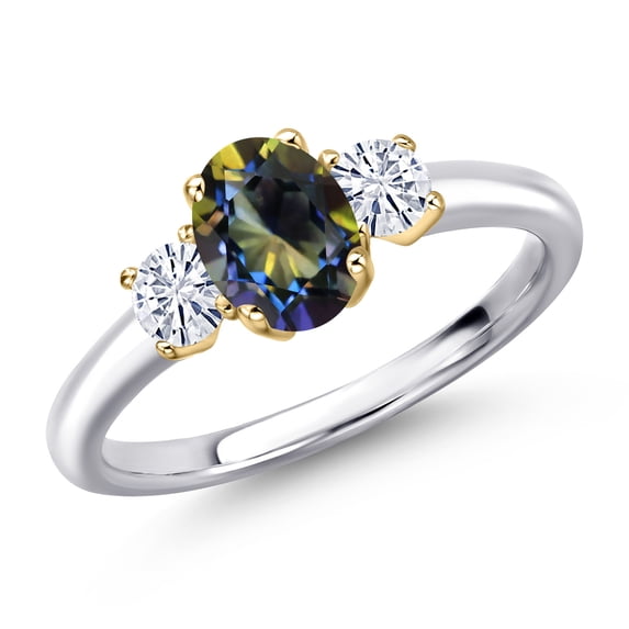 Gem Stone King 10K Two Tone Gold Blue Mystic Topaz and White Moissanite Engagement Ring for Women | 1.27 Cttw | Oval 7X5MM | Gemstone November Birthstone | Size 6