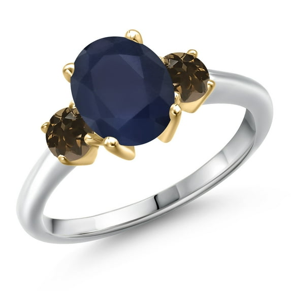 Gem Stone King 10K Two Tone Gold Blue Sapphire and Brown Smoky Quartz Engagement Ring for Women | 2.72 Cttw | Oval 9X7MM | Gemstone September Birthstone | Size 6