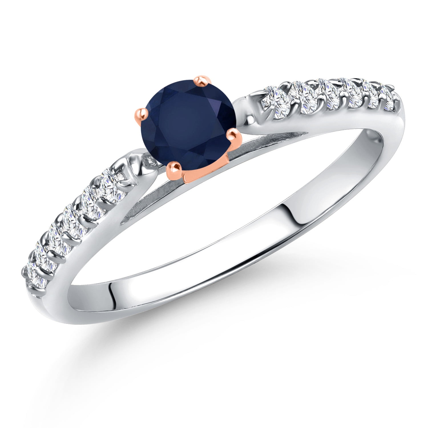 Gem Stone King 10K Two Tone Gold Blue Sapphire and Lab Grown Diamond Engagement Ring for Women | 0.53 Cttw | Round 4MM | Gemstone September Birthstone | Size 5