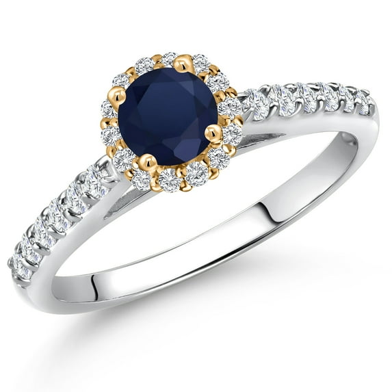 Gem Stone King 10K Two Tone Gold Blue Sapphire and Lab Grown Diamond Engagement Ring for Women | 0.89 Cttw | Round 5MM | Gemstone September Birthstone | Size 6