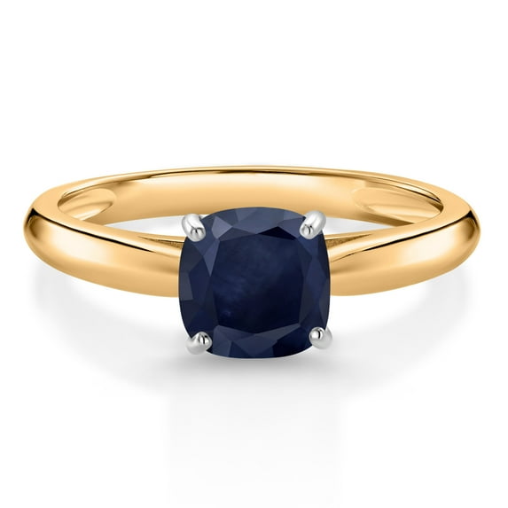 Gem Stone King 10K Two Tone Gold Blue Sapphire Solitaire Engagement Ring for Women (1.30 Cttw, Gemstone September Birthstone, Cushion 6MM)