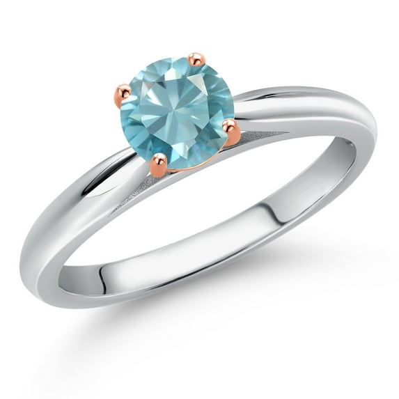 Gem Stone King 10K Two Tone Gold Blue Zircon Solitaire Engagement Ring for Women | 0.85 Cttw | Round 5MM | Gemstone Birthstone | Size 7