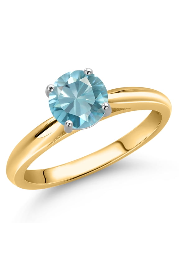 10K Two Tone Gold Blue Zircon Solitaire Engagement Ring for Women | 1.20 Cttw | Round 6MM | Gemstone Birthstone | Size 8