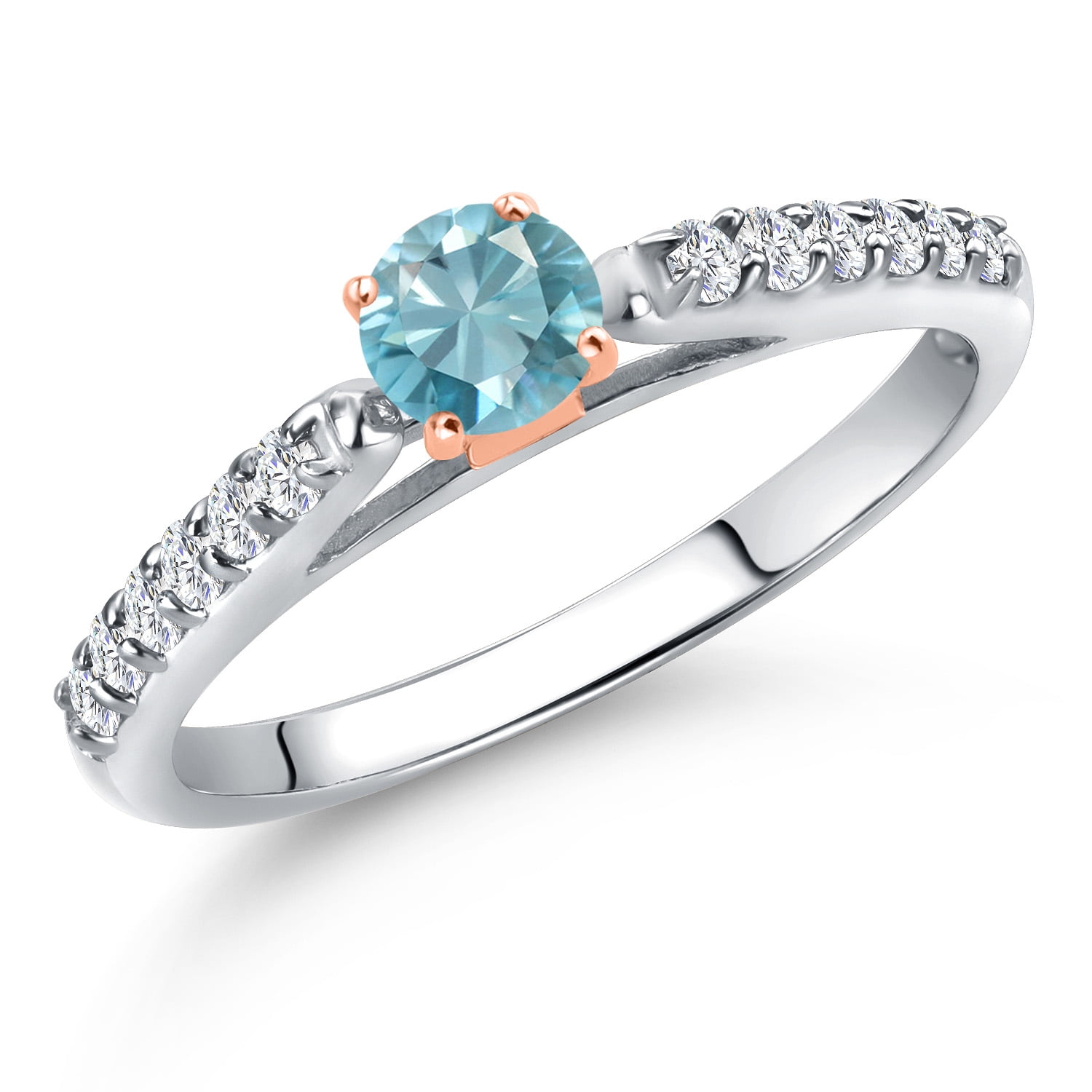 Gem Stone King 10K Two Tone Gold Blue Zircon and Lab Grown Diamond Engagement Ring for Women | 0.68 Cttw | Round 4MM | Gemstone Birthstone | Size 6