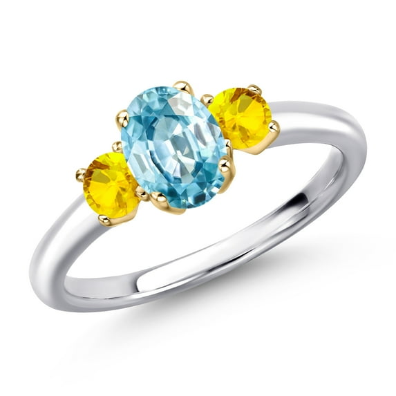 Gem Stone King 10K Two Tone Gold Blue Zircon and Yellow Sapphire Engagement Ring for Women | 1.57 Cttw | Oval 7X5MM | Gemstone Birthstone | Size 9