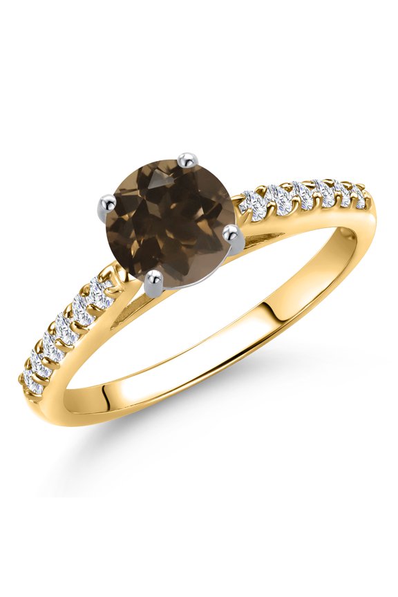 10K Two Tone Gold Brown Smoky Quartz and Lab Grown Diamond Engagement Ring for Women | 0.98 Cttw | Round 6MM | Gemstone Birthstone | Size 6