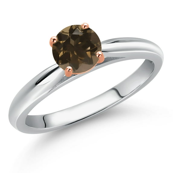 Gem Stone King 10K Two Tone Gold Brown Smoky Quartz Solitaire Engagement Ring for Women | 0.50 Cttw | Round 5MM | Gemstone Birthstone | Size 8
