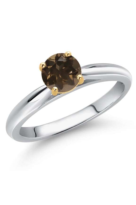 10K Two Tone Gold Brown Smoky Quartz Solitaire Engagement Ring for Women | 0.50 Cttw | Round 5MM | Gemstone Birthstone | Size 9