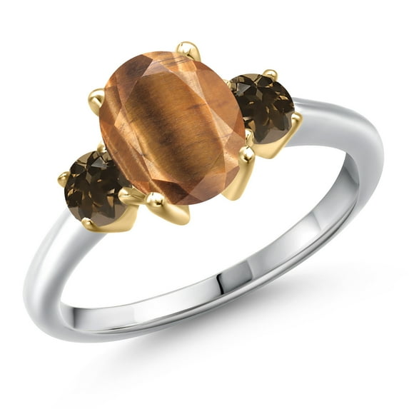Gem Stone King 10K Two Tone Gold Brown Tiger Eye and Brown Smoky Quartz Engagement Ring for Women | 2.02 Cttw | Oval 9X7MM | Gemstone Birthstone | Size 9