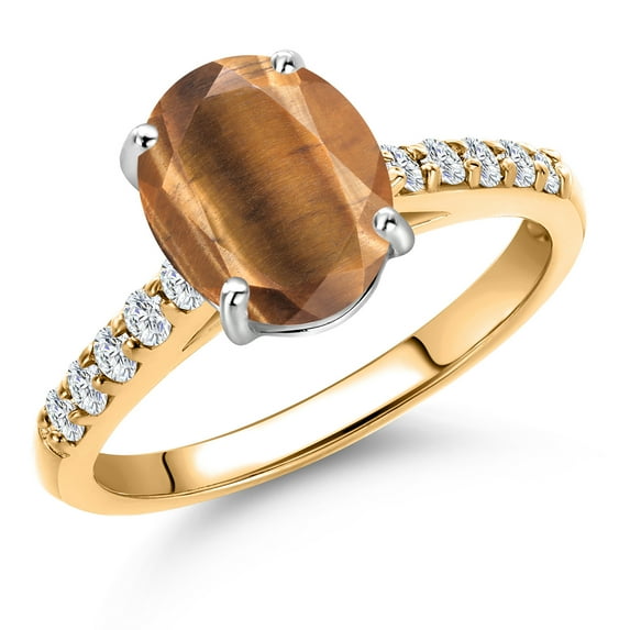 Gem Stone King 10K Two Tone Gold Brown Tiger Eye and Lab Grown Diamond Engagement Ring for Women | 1.70 Cttw | Oval 9X7MM | Gemstone Birthstone | Size 9