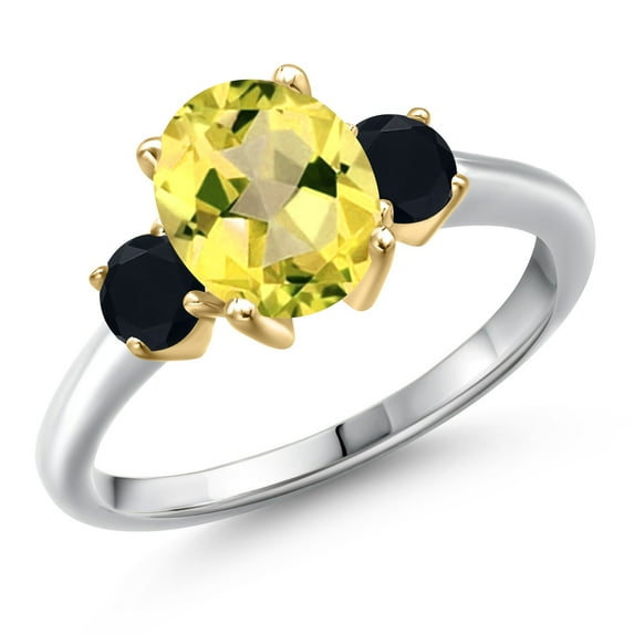 Gem Stone King 10K Two Tone Gold Canary Mystic Topaz and Black Onyx Engagement Ring for Women | 2.44 Cttw | Oval 9X7MM | Gemstone November Birthstone | Size 7