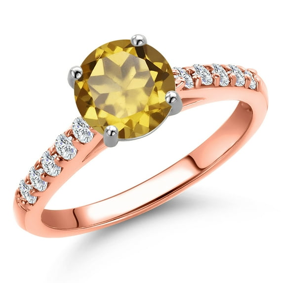 Gem Stone King 10K Two Tone Gold Champagne Quartz and Lab Grown Diamond Engagement Ring for Women | 1.45 Cttw | Round 7MM | Gemstone Birthstone | Size 5