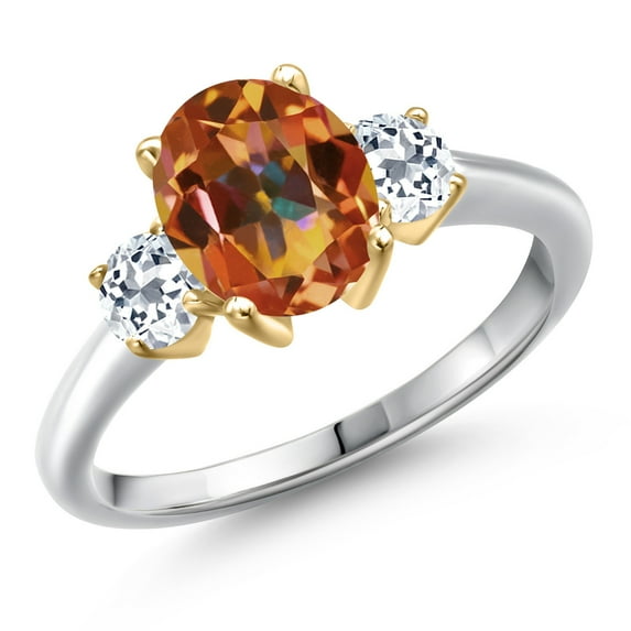 Gem Stone King 10K Two Tone Gold Ecstasy Mystic Topaz and White Topaz Engagement Ring for Women | 2.66 Cttw | Oval 9X7MM | Gemstone November Birthstone | Size 6