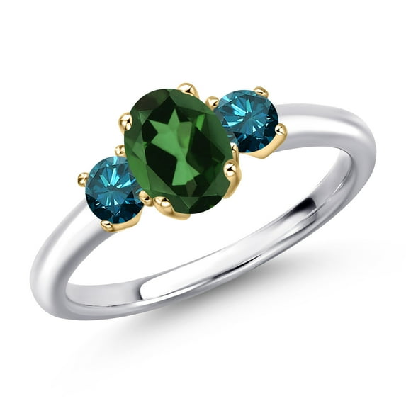 Gem Stone King 10K Two Tone Gold Emerald Envy Mystic Topaz and Blue Diamond Engagement Ring for Women | 1.10 Cttw | Oval 7X5MM | Gemstone November Birthstone | Size 9