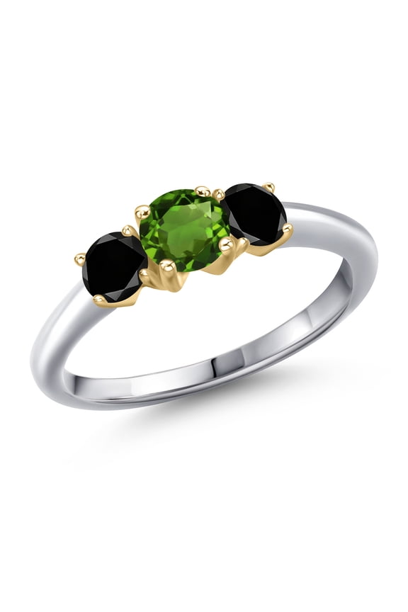 10K Two Tone Gold Green Chrome Diopside and Black Diamond Engagement Ring for Women | 1.04 Cttw | Round 5MM | Gemstone Birthstone | Size 6