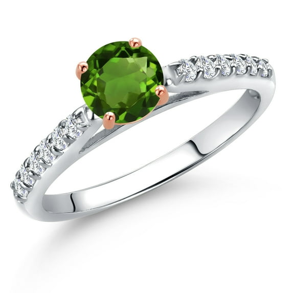 Gem Stone King 10K Two Tone Gold Green Chrome Diopside and Lab Grown Diamond Engagement Ring for Women | 0.68 Cttw | Round 5MM | Gemstone Birthstone | Size 6