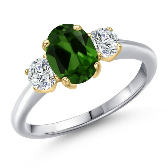 Gem Stone King 10K Two Tone Gold Green Chrome Diopside and Lab Grown Diamond Engagement Ring for Women | 1.74 Cttw | Oval 8X6MM | Gemstone Birthstone | Size 8
