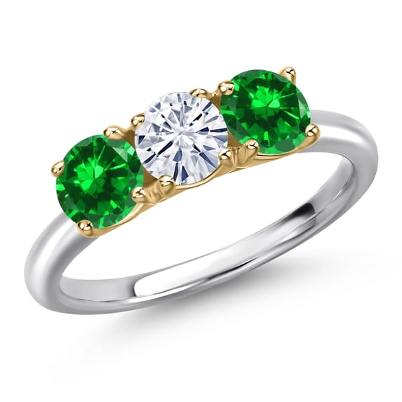 Gem Stone King 10K Two Tone Gold White Moissanite and Green Created Emerald Engagement Ring for Women | 2.18 Cttw | Round 5MM | Gemstone Birthstone | Size 5