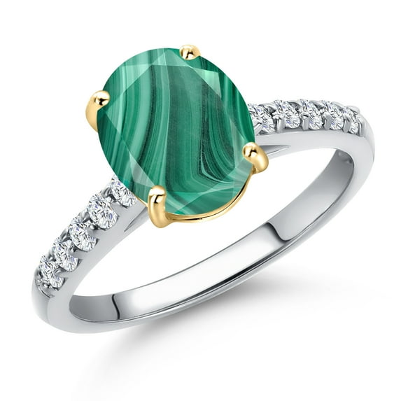 Gem Stone King 10K Two Tone Gold Green Malachite and Lab Grown Diamond Engagement Ring for Women | 2.70 Cttw | Oval 9X7MM | Gemstone Birthstone | Size 8