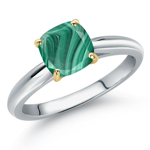 Gem Stone King 10K Two Tone Gold Green Malachite Solitaire Engagement Ring for Women | 1.50 Cttw | Cushion 6MM | Gemstone Birthstone | Size 9