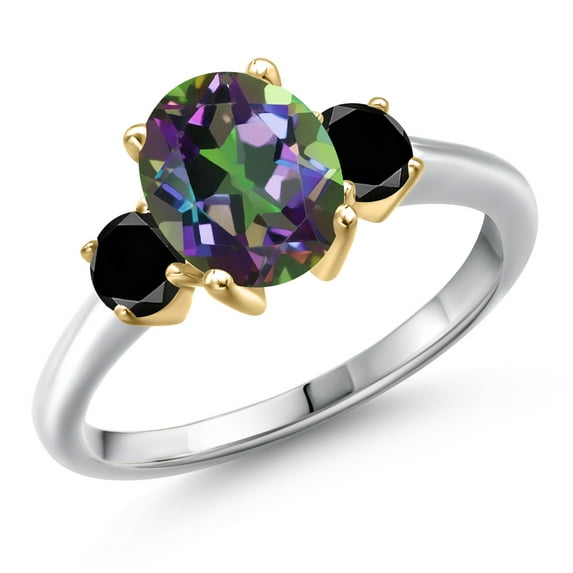 Gem Stone King 10K Two Tone Gold Green Mystic Topaz and Black Diamond Engagement Ring for Women | 2.84 Cttw | Oval 9X7MM | Gemstone November Birthstone | Size 6