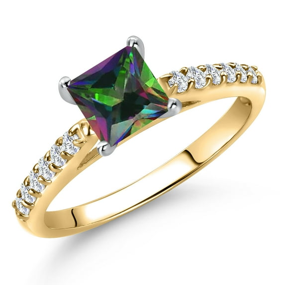 Gem Stone King 10K Two Tone Gold Green Mystic Topaz and Lab Grown Diamond Engagement Ring for Women | 0.98 Cttw | Princess 5MM | Gemstone November Birthstone | Size 6