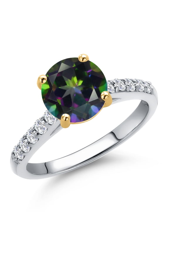 10K Two Tone Gold Green Mystic Topaz and Lab Grown Diamond Engagement Ring for Women | 2.60 Cttw | Round 8MM | Gemstone November Birthstone | Size 9
