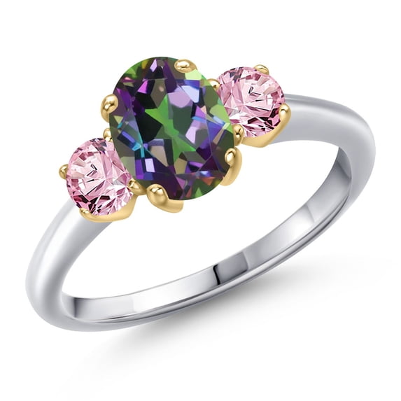 Gem Stone King 10K Two Tone Gold Green Mystic Topaz and Pink Lab Grown Diamond Engagement Ring for Women | 2.08 Cttw | Oval 8X6MM | Gemstone November Birthstone | Size 7