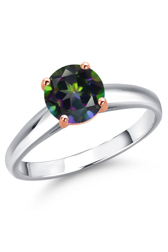 10K Two Tone Gold Green Mystic Topaz Solitaire Engagement Ring for Women | 1.30 Cttw | Round 7MM | Gemstone November Birthstone | Size 9
