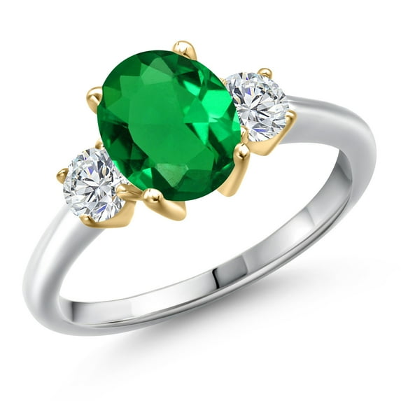 Gem Stone King 10K Two Tone Gold Green Nano Emerald and Lab Grown Diamond Engagement Ring for Women | 2.04 Cttw | Oval 9X7MM | Gemstone May Birthstone | Size 8
