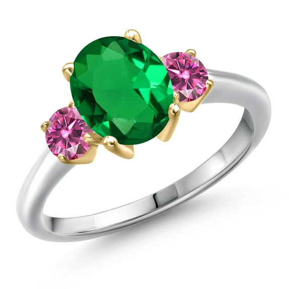 Gem Stone King 10K Two Tone Gold Green Nano Emerald and Pink Moissanite Engagement Ring for Women | 1.96 Cttw | Oval 9X7MM | Gemstone May Birthstone | Size 9