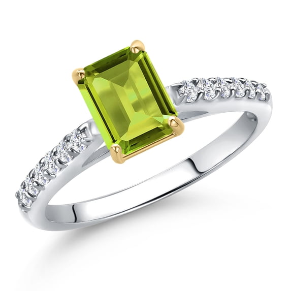 Gem Stone King 10K Two Tone Gold Green Peridot and Lab Grown Diamond Engagement Ring for Women | 1.18 Cttw | Emerald Cut 7X5MM | Gemstone August Birthstone | Size 9
