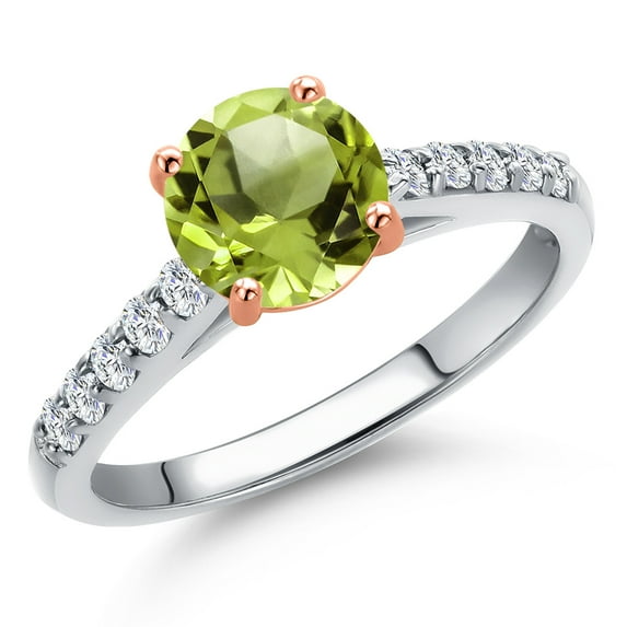Gem Stone King 10K White and Rose Gold Green Peridot and Lab Grown Diamond Engagement Ring for Women | 1.65 Cttw | Round 7MM | Gemstone August Birthstone | Size 8