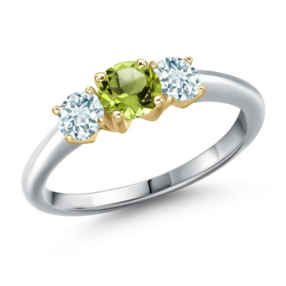 Gem Stone King 10K Two Tone Gold Green Peridot and Sky Blue Aquamarine Engagement Ring for Women | 1.05 Cttw | Round 5MM | Gemstone August Birthstone | Size 7
