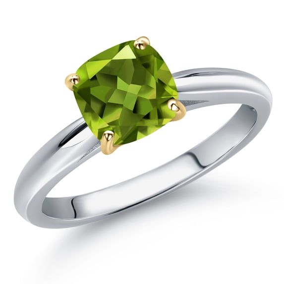 Gem Stone King 10K Two Tone Gold Green Peridot Solitaire Engagement Ring for Women | 0.85 Cttw | Cushion 6MM | Gemstone August Birthstone | Size 9