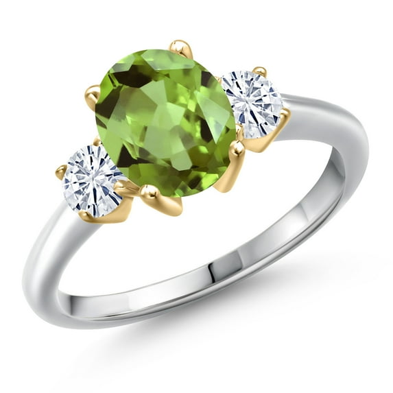 Gem Stone King 10K Two Tone Gold Green Peridot and White Moissanite Engagement Ring for Women | 2.56 Cttw | Oval 9X7MM | Gemstone August Birthstone | Size 9