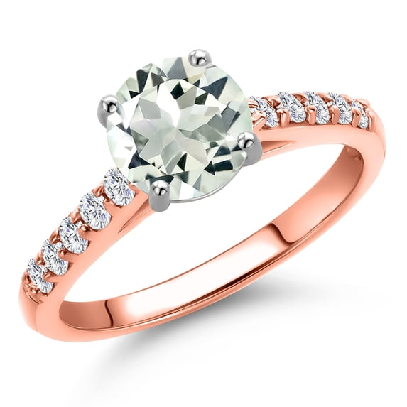 Gem Stone King 10K Two Tone Gold Green Prasiolite and Lab Grown Diamond Engagement Ring for Women | 1.30 Cttw | Round 7MM | Gemstone Birthstone | Size 5