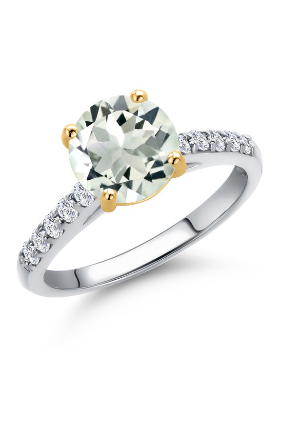 10K Two Tone Gold Green Prasiolite and Lab Grown Diamond Engagement Ring for Women | 2.05 Cttw | Round 8MM | Gemstone Birthstone | Size 6