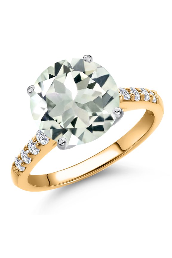 10K Two Tone Gold Green Prasiolite and Lab Grown Diamond Engagement Ring for Women | 3.27 Cttw | Round 10MM | Gemstone Birthstone | Size 9