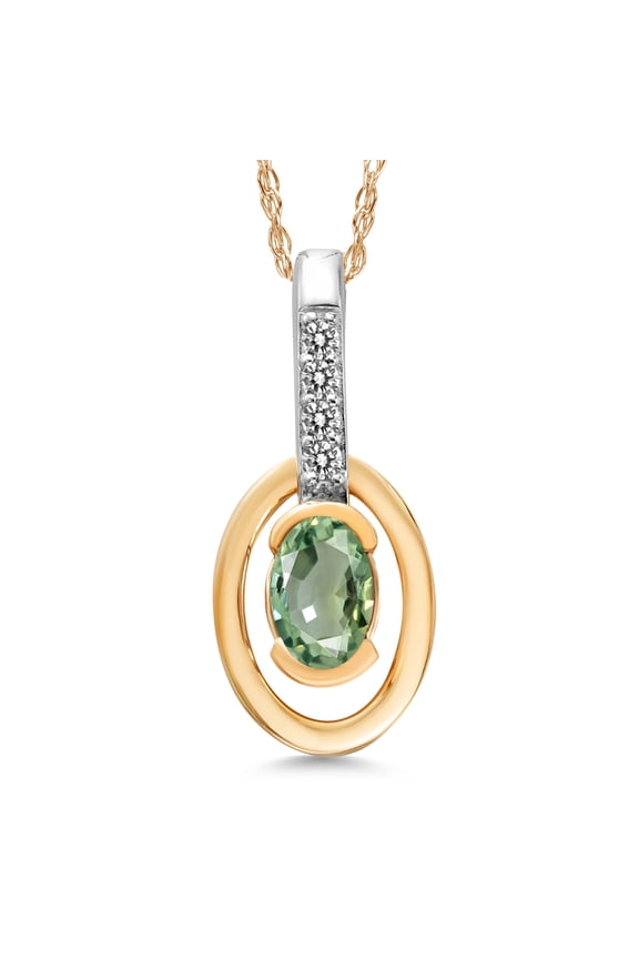 10K Two Tone Gold Green Sapphire and White Diamond Pendant Necklace for Women (0.32 Cttw, Gemstone September Birthstone, Oval 5X3MM, with 18 inch Chain)