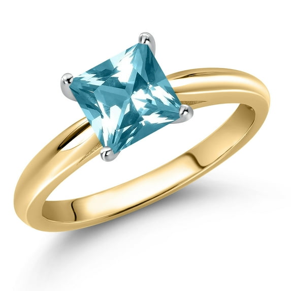 Gem Stone King 10K Two Tone Gold Ice Blue Topaz Solitaire Engagement Ring for Women | 1.30 Cttw | Princess 6MM | Gemstone November Birthstone | Size 9