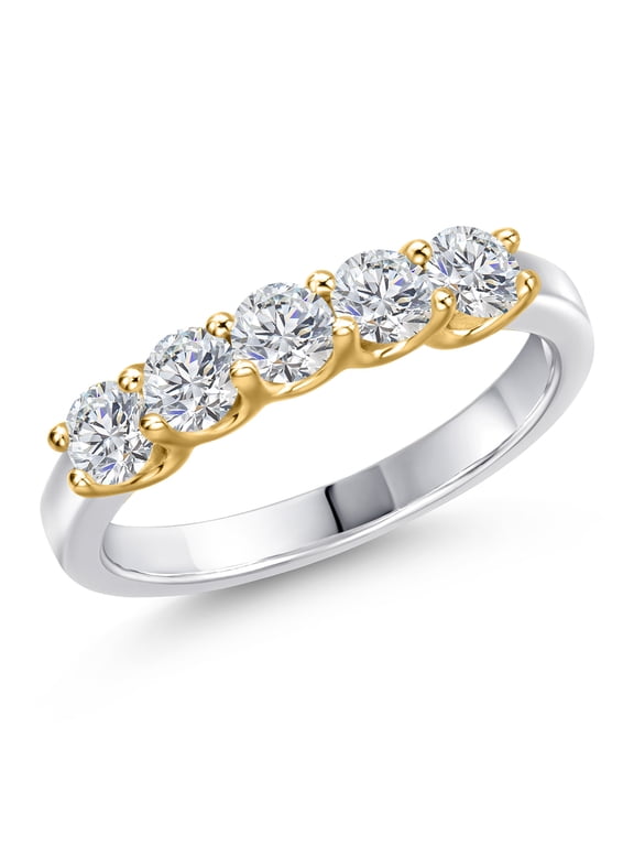 10K Two Tone Gold Lab Grown Diamond 5-Stone Wedding-Bands Ring for Women | 0.85 Cttw | Round 3.5MM | Gemstone Birthstone | DEF Color | VVS-VS Clarity (Size 9)