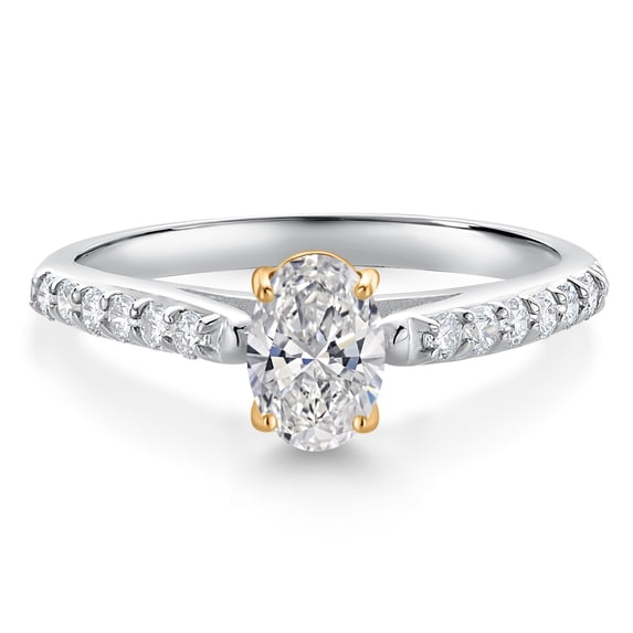 Gem Stone King 10K Two Tone Gold Lab Grown Diamond Engagement Ring for Women | 0.88 Cttw | Oval 7X5MM | DEF Color | VVS-VS Clarity (Size 8)